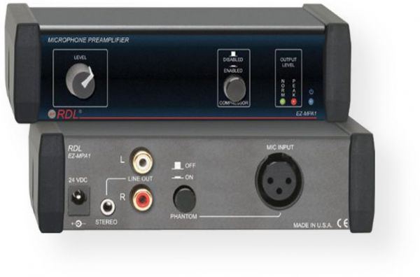Radio Design Labs EZ-MPA1 Microphone Preamplifier - Stereo Output with Compressors; Balanced Microphone Input on Rear-Panel XLR; Switch-Selectable Phantom on Rear Panel; Unbalanced Output on MINI or RCA Rear-Panel Jacks; Preamp Feeds Left and Right Output Channels; Number of Channels: Single; Inputs: 1 x XLR; Output: 2 x RCA phono1 x 1/8