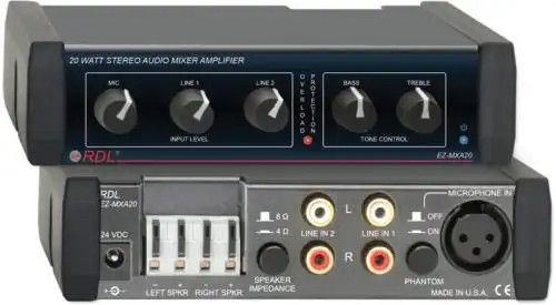 Radio Design Labs EZ-MXA20 20 W Stereo Audio Mixer-Amplifier with EQ - 8 &Omega, with Power Supply; Audio Amplifier with Mic and Line Input Mixer; 10 Watts RMS Per Channel into 8 Ω 8 Watts RMS Per Channel into 4 Ω Switch-Selectable Load Impedance on Rear Panel; Gain: Mic: Off to 74 dB Line: Off to 32 dB; Equalization: 10 dB @ 10 kHz, 9 dB @ 80 Hz; THD + N: CMRR; Mic: > -55 dB: Crosstalk; Phantom Power: Switch-Selectable 24 V (IEC 61938: 2013) (EZMXA20 EZ-MXA20 EZ-MXA20)
