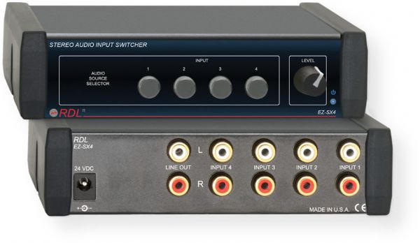 Radio Design Labs EZ-SX4X RDL 4x1 Stereo Audio Input Switcher; THD Nless or equal than 0.02%; Crosstalkless or equal than -70 dB (1 kHz); Level control: Off to 12 dB gain; Frequency Response: 10 Hz to 20 kHz (0.01 dB); 24 Vdc power supply current: 30 mA (idle), 60 mA (max.) (EZSX4X EZ-SX4X EZ-SX4X)
