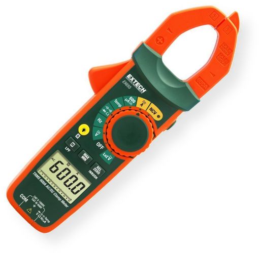 Extech EX655-NIST True RMS 600A AC DC Clamp Meter With NIST Cerificate; True RMS for accurate AC measurements; 1.18 in. jaw size accomodates conductors up to 350 MCM; 6000 count backlit LCD display with bargraph; Low Impedance LoZ prevents false reading caused by ghost voltages; Low Pass Filter LPF for accurate measurements of variable frequency drive signals; UPC: 793950396568 (EXTECHEX655NIST EXTECH EX655-NIST RMS CLAMP)