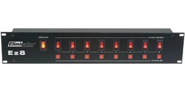 Eliminator Lighting EZ 8 On/Off Power Control Center 8 On and Off Switches 15 Amps Max. overall 25 ft. Cable, Rack Mount, On/Off Power Control Center, 8 On & Off Switches, 8 Flash Switches, 1 master control switch (EZ8 EZ8 EZ-8)