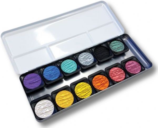 Finetec F1200 Artist Mica Water Color Pearlescent Paint 12-Color Set; Made of mica, a natural product that offers a wide variety of metallic shades from gold and silver to iridescent, pearl shining colors; Can be dissolved with water and applied with a brush; Ideal for creating special effects and highlighting; Can be blended; EAN 4251402600022 (FINETECF1200 FINETEC F1200 F 1200 F-1200)