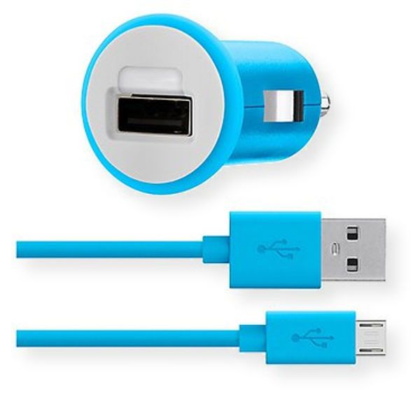Belkin F8M700BT04-L Belkin Mixit 2.1 Amp Car Charger with 4-Foot Micro USB Charging Cable Blue Color; Sleek, compact design; Includes removable Micro USB cable; Compatible with mobile devices with USB ports; Belkin Safety Assurance, Intelligent circuitry with built in voltage sensing detects and responds your device's power needs; Dimensions 52.9