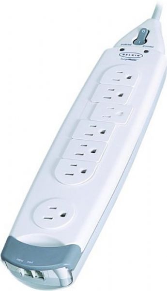 Belkin F9H710-12 SurgeMaster Home Series Surge suppressor, 7 Receptacles, Individual PC Load Rating, AC 120 V Input and Output Voltage, 1 x power NEMA 5-15 Input Connectors, 7 x power NEMA 5-15 Power Output Connectors Details, Standard Surge Suppression, 1045 Joules Surge Energy Rating, 1 x modem - phone line - RJ-11 Interfaces, 1 x power cable - integrated - 12 ft 1 x phone cable - external Cables Included, UPC 722868394045 (F9H71012 F9H710-12 F9H710 12)