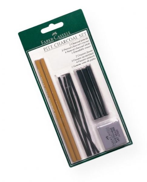 Faber-Castell FC112996 PITT Charcoal Set; Two compressed charcoal pencils, natural charcoal sticks, compressed charcoal sticks, and kneaded eraser; Perfect for back to school; Shipping Weight 1.00 lb; Shipping Dimensions 8.8 x 4.2 x 0.4 in; UPC 400540112996 (FABERCASTELLFC112996 FABERCASTELL-FC112996 PITT-FC112996  ARTWORK)