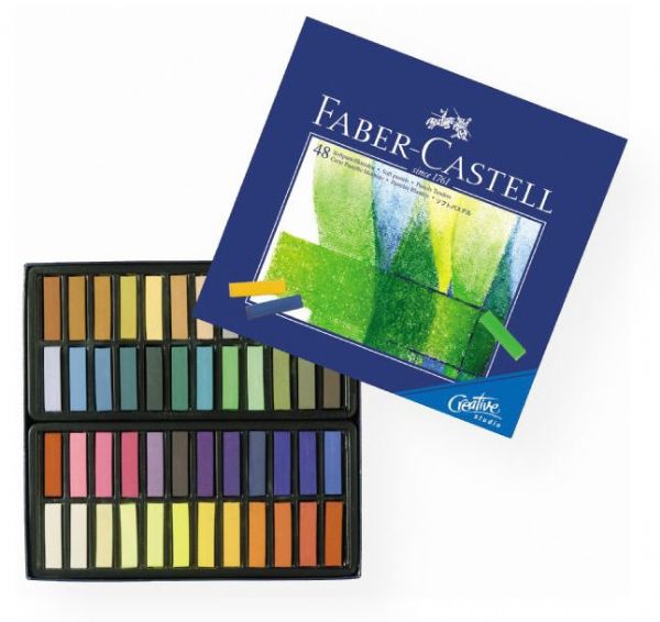 Faber-Castell FC128248 Creative Studio Soft Pastel 48-Color Set; These half-stick soft pastels have vibrant colors and excellent opacity; They give smooth color laydown, great blending ability for rich pastel effects; Acid-free, archival; Each stick measures 1.25