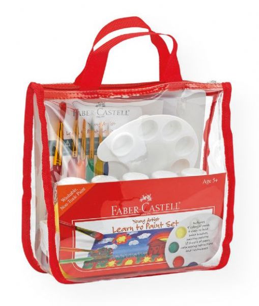 Faber-Castell FC14519 Young Artist Learn to Paint Set; Set comes complete with six artist quality brushes of varying sizes with triangular shaped handles that are easy to hold, five colors of washable paint, an easy to handle paint palette, and color mixing instructions and techniques; Ages 5+; Non-toxic; Conforms to ASTM D-4236; Shipping Weight 1.62 lb; Shipping Dimensions 3.00 x 8.00 x 10.75 in; UPC 092633702987 (FABERCASTELLFC14519 FABERCASTELL-FC14519 PAINTING)