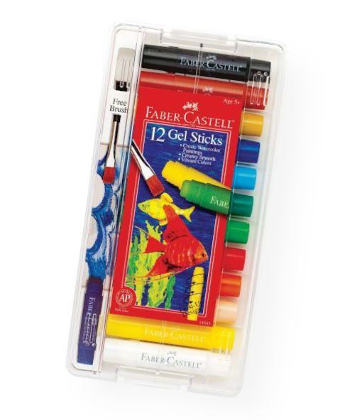 Faber-Castell FC14543 Gel Sticks 12-Color Set with Brush; Unbelievably smooth gel sticks glide on paper; Water-soluble, so adding a little water creates a watercolor effect; Layer and blend multiple colors together for amazing artistic creations; Use metallic sticks for awesome effects on dark paper; UPC 092633702888 (FABERCASTELLFC14543 FABERCASTELL-FC14543 ARTWORK)