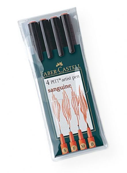 Faber-Castell FC167102 PITT Artist 4-Pen Set Sanguine; Suitable for sketches, studies, and ink drawings, the PITT artist pen has a long life and is easy to use; The drawing ink is extremely fade-resistant and waterproof; Set contains sanguine pens in 4 sizes: S, F, M, B; Contents subject to change; Shipping Weight 0.25 lb; Shipping Dimensions 8.00 x 2.5 x 0.4 in; UPC 092633801314 (FABERCASTELLFC167102 FABERCASTELL-FC167102 PITT-FC167102 SKETCHING)