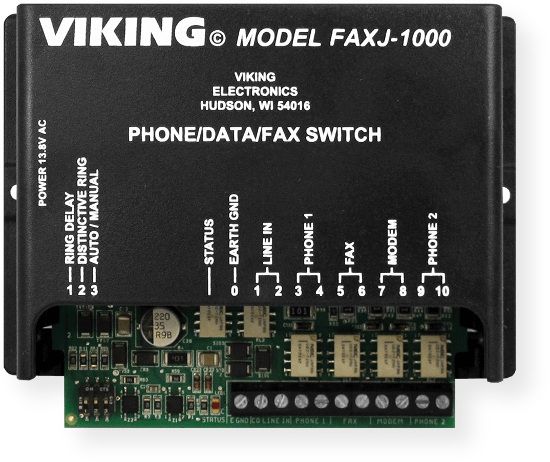 Viking Electronics  FAXJ-1000 Phone Fax Switch; Black; Four ports allow any four analog devices to share a single line; Routes calls via CNG tone, distinctive ringing, touch tones sent by calling device or manually; Provides realistic ring-back tones while re ringing selected device; Transfer from one port to another as often as may be required during the same call; UPC 615687222951 (FAXJ-1000 FAXJ1000 FAXJ-1000VIKINGELECTRONICS FAXJ1000VIKINGELECTRONICS FAXJ-1000FAXSWITCH FAXJ1000-FAXSWITCH)