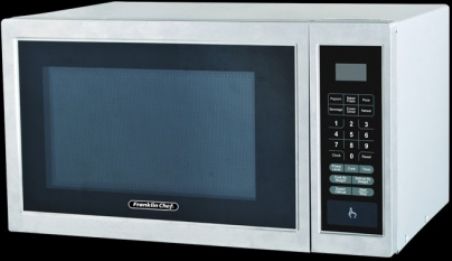 Franklin Chef FC107S Mid-sized Countertop Microwave, Stainless Steel, 1.0 cubic ft. capacity, 900 watts of total cooking power, 10 variable power levels, 6 electronic controls for one-touch cooking, Rotating glass turntable, Digital display, Child-safety lock, Programmable defrost setting, Unit dimensions 19.01 x 14.33 x 11.06, Net weight 29.90 lbs, UPC 858445003113 (FC-107S FC 107S FC107)