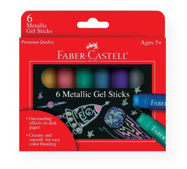 Faber-Castell FC14542 Gel Sticks 6-Color Metallic Set; Unbelievably smooth gel sticks glide on paper; Water-soluble, so adding a little water creates a watercolor effect; Layer and blend multiple colors together for amazing artistic creations; Use metallic sticks for awesome effects on dark paper; Set includes 6 sticks: Silver, Purple, Blue, Green, Red, and Gold; Colors subject to change; UPC 092633703106 (FABERCASTELLFC14542 FABERCASTELL-FC14542 FABERCASTELL/FC14542 ARTWORK)