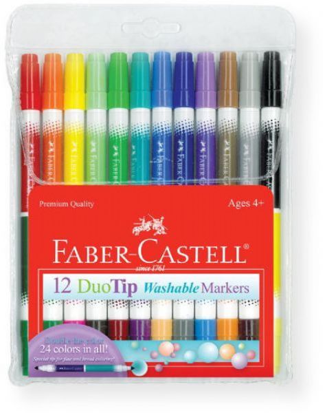 Faber Castell FC153012 DuoTip Washable 12 Marker Set; Twice the colors for double the coloring fun; Use the thin tips for writing and fine details, while turning on the side produces wide lines for large area coloring; Bright, washable inks for easy clean up; Long lasting, water based ink can be re hydrated by placing the nib in water; UPC 092633703540 (FC153012 FC-153012 DUOTIP-FC153012 FABERCASTELLFC153012 FABER-CASTELL-FC153012 FABER-CASTELL-FC153012)