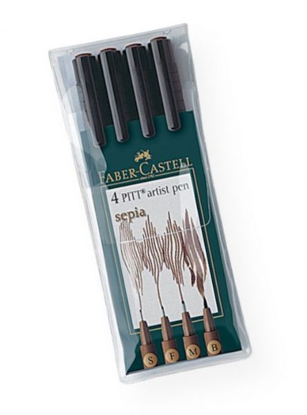 Faber-Castell FC167101 PITT Artist 4-Pen Set Sepia; Suitable for sketches, studies, and ink drawings, the PITT artist pen has a long life and is easy to use; The drawing ink is extremely fade-resistant and waterproof; Set contains sepia pens in 4 sizes: S, F, M, B; Contents subject to change; Shipping Weight 0.25 lb; Shipping Dimensions 8.00 x 2.5 x 0.4 in; UPC 092633801246 (FABERCASTELLFC167101 FABERCASTELL-FC167101 PITT-FC167101 FC167101 ARTWORK SKETCHING)