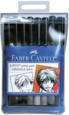 Faber Castell FC167107 PITT Artist Pen Manga Set, 8 pens, 5 shades of gray with brush tips and 3 pens with black ink in three tip styles: Brush, Medium and Superfine, High quality inks are smudge-proof, waterproof, lightfast and archival quality, Includes manga how-to booklet for aspiring artists (FC-167107 FC 167107)