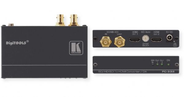 Kramer Electronics FC-332 3G HD-SDI to HDMI Format Converter; Looping Input; Embedded Audio Group Select Rotary Switch; INDICATOR LEDS: SD/HD, OUT, ON; POWER CONSUMPTION: 5V DC, 510mA; PRODUCT DIMENSIONS: 12.00cm x 7.15cm x 2.44cm (4.72