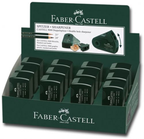 Faber-Castell FC582800D Castell 9000, Double-Hole Sharpener Display; A swing open sharpener with an enclosed shavings container; Sharpens standard and jumbo pencils; 12 double-hole sharpeners; Dimensions 11
