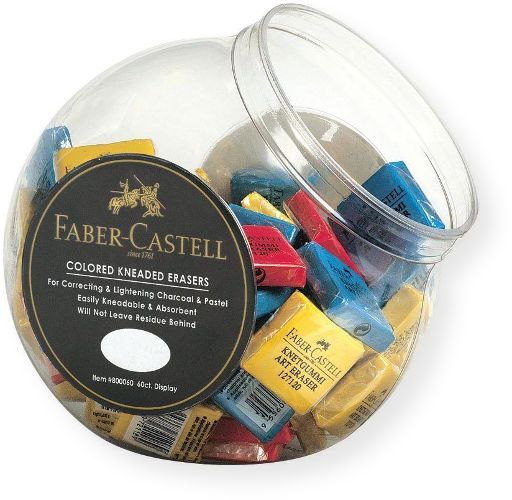 Faber-Castell FC800060 Color Kneaded Eraser Display; Contents 60 erasers for cleaning and highlighting, assorted colors; This is the eraser you want for super clean erasing; Can be stretched and molded into any shape; Size: 6 