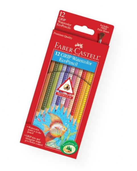 Faber-Castell FC9121212 GRIP 12 Watercolor EcoPencils; An ergonomic triangular barrel and patented Soft-Grip zone ensures fatigue-free and comfortable drawing; Colored leads are highly pigmented for a rich, vivid color laydown; The smooth, water-soluble pigments dissolve instantly when wet for fantastic watercolor images; UPC 092633702710 (FABERCASTELLFC9121212 FABERCASTELL-FC9121212 GRIP-FC9121212 ARTWORK)