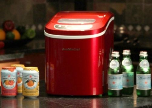 Franklin Chef FCI122R Portable Ice Maker with LED Display, Race Red, Produces up to 26 lbs of ice daily, 2 sizes of bullet-shaped ice cubes, Portable and lightweight, Full ice bucket indicator, Automatic overflow protectiob, Add water indicator, 1.5 lbs storage capacity, 2.2 liter water reservoir capacity, 13-minutes Operating cycle, UPC 858445003434 (FCI-122R FCI 122R FC-I122R FCI122)