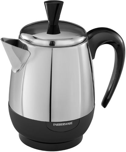 Farberware FCP240 Millenium 2-4-Cup Coffee Percolator, Stainless Steel; 4-Cup capacityand 1000 watts; Durable stainless steel construction and maintains consistent brew speed: 1-cup p/min; Stays warm when plugged in; Cool-touch handle and lid knob with rolled edges for safe and easy handling; Automatically switches to 