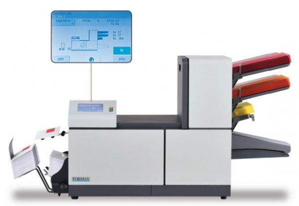 Formax FD 6204-Advanced 2 Folder Inserter with Two Sheet Feeders and 1 BRE; Two fully-automatic sheet feeders; User friendly color touchscreen display withjob wizard step-by-step setup guides; Fifteen programmable fold applications; AutoSetTM one-touch setup; Fully automatic adjustments; Seal and non-seal capabilities; Tip-to-tip envelope sealing for enhanced security; Weight 165 Lbs (FD6204Advanced2 FD 6204-Advanced 2)