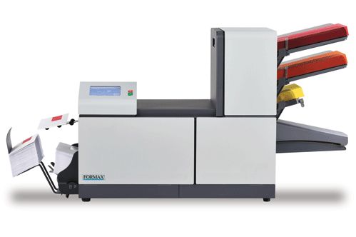 Formax FD 6204-Basic 2 Folder Inserter with two automatic sheet feeders; Two fully-automatic sheet feeders; User friendly color touchscreen display with job wizard step-by-step setup guides; Fifteen programmable fold applications; AutoSetTM one-touch setup; Fully automatic adjustments; Seal and non-seal capabilities; Tip-to-tip envelope sealing for enhanced security; Weight 165 Lbs (FD6204Basic2 FD 6204-Basic 2)