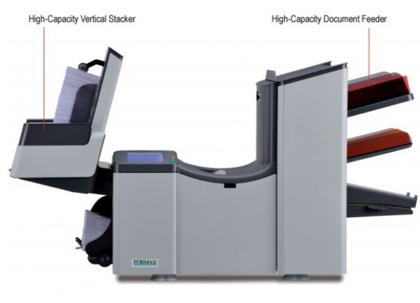 Formax FD 6304-Standar 2F Two-station configuration with one standard feeder and one High-Capacity Document Feeder; Two standard feeders; One special feeder; Full-color touchscreen control panel; High-Capacity Vertical Stacker holds up to 500 finished envelopes; AutoSetTM one-touch setup; Fully automatic adjustments; Processes up to 3,600 pieces per hour, and up to 40,000 pieces per month; 25 programmable fold applications; Weight 165 Lbs (FD6304Standar2F FD 6304-Standar 2F)