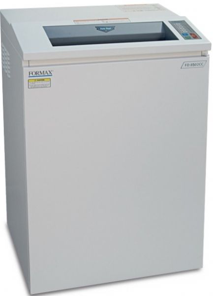 Formax FD 8502CC Office shredder; Auto Start/Auto Stop: Optical sensor detects paper and starts operation automatically; LED Control Panel with Load Indicator; Door Safety Sensor: Motor stops automatically if cabinet door is opened; Auto Reverse: In case of paper jam, built-in controls switch motor into reverse to clear jam; Heat-Treated Steel Cutters: Specially ground for longevity and require minimal oiling; Weight 242 Lbs (FD8502CC FD 8502CC)