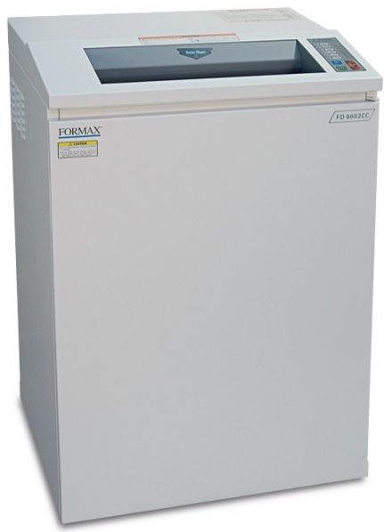 Formax FD 8602CC Office Shredder; Auto Start/Auto Stop: Optical sensor detects paper and starts operation automatically; LED Control Panel with Load Indicator: Provides machine status and helps operators avoid jams; ECO Mode: Automatically enters energy-saving standby mode after 5 minutes of inactivity; Door Safety Sensor: Motor stops automatically if cabinet door is opened; Extra-wide 16 feed opening; All-Metal Cabinet with casters; Weight 242 Lbs (FD8602CC FD 8602CC)