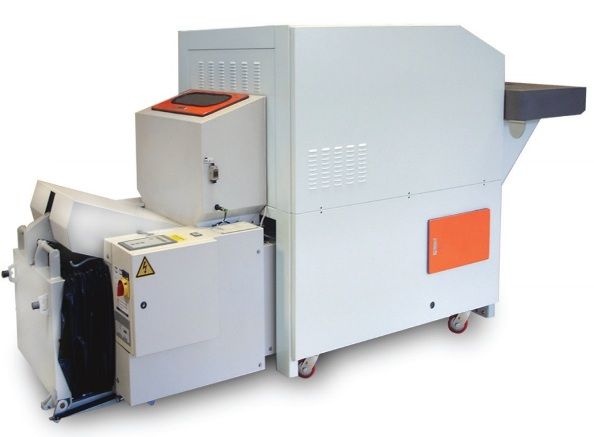 Formax FD 8904B Industrial Conveyor Shredder & Baler; Designed to shred entire files, stacks of computer forms, cardboard, tapes, ribbons, CDs and magnetic disks; Heat-treated solid steel cutters are specially ground for longevity and require minimal oil; LED Control Panel features visual load indicator; EvenFlow Automatic Internal Oiling System: Lubricates cutting blades for optimal performance; Large safety bar to stop operation; All-metal gearing; Weight 3086 Lbs (FD8904B FD 8904B)