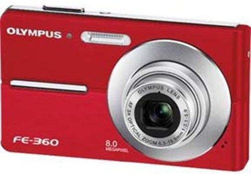 Olympus FE-360 Digital Camera, Red, Image Sensor 8.0 Megapixels (effective), 1/2.35 CCD, Zoom 3x Optical Zoom + 4x Digital Zoom (Seamless to 12x), Aperture Range f3.1 (W) / f5.9 (T) (FE360 FE 360)