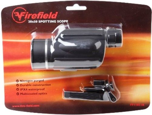 Firefield FF11011K Refurbished Spotting Scope 20x50, Magnification 20.0x, Objective Lens Diameter 50mm, Angle of View 3.2, Field of View 168 ft (51 m) at 1000 yd, Minimum Focus Distance 20 ft (7 m), Exit Pupil Diameter 2.1mm, Eye Relief 10.6mm, Diopter Correction -4 to 8, Bak-4 prism, Nitrogen purged, Durable construction, Multi-coated optics, IPX4 waterproof, UPC 810119016416 (FF-11011K FF 11011K FF11011)