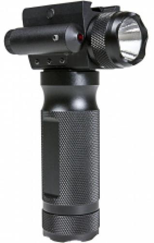 Firefield FF35002 FIREFIELD HEAVY DUTY FLASHLIGHT FOREGRIP; Heavy Duty, Precision Machined Full Aluminum Foregrip; Diamond Pattern Grip Texture; Built-in 230 Lumen Flashlight with Integrated Reflector; Full Brightness and Strobe Mode; Integrated 5mW Red Laser; Bulb Type: Cree Q5 LED; Bezel Diameter, mm: 32; Output Max: 230 Lumens; Operation Modes: Full Brightness, Strobe; Battery Type: 2x CR123A; Finish: Anodized Matte Black; Mount Type: Picatinny Mount; UPC 810119019523 (FF35002 FF-35002)