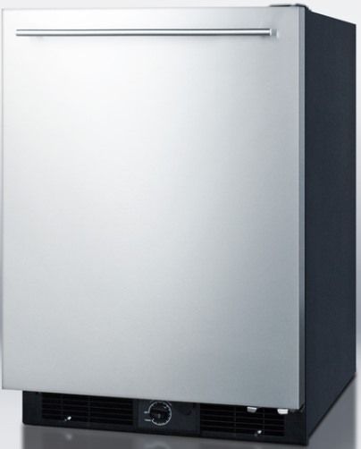Summit FF590SSHH Frost-free ENERGY STAR Qualified All-refrigerator for Built-in or Freestanding Use, with Stainless Steel Door, Black Cabinet, 5.7 c.f. capacity, Reversible Door, RHD Right Hand Door Swing, Professional horizontal handle, Adjustable glass shelves, Door storage, Adjustable thermostat, Interior light, Sealed back (FF-590SSHH FF 590SSHH FF590SS FF590)