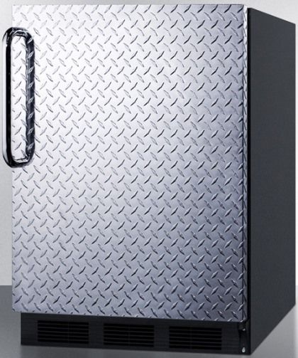Summit FF63BDPL Freestanding Counter Height All-refrigerator for Residential Use with Automatic Defrost, Diamond Plate Door and Professional Towel Bar Handle, Black Cabinet, 5.5 Cu.Ft. Capacity, RHD Right Hand Door Swing, Adjustable glass shelves, Door storage, Wine shelf, Fruit and vegetable crisper, Hidden evaporator, One piece interior liner (FF-63BDPL FF 63BDPL FF63B FF63)