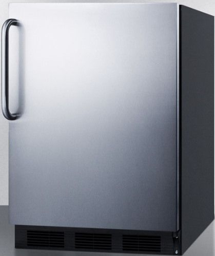 Summit FF63BSSTB Freestanding Counter Height All-refrigerator for Residential Use with Automatic Defrost, Stainless Steel Door and Professional Towel Bar Handle, Black Cabinet, 5.5 Cu.Ft. Capacity, RHD Right Hand Door Swing, Adjustable glass shelves, Door storage, Wine shelf, Fruit and vegetable crisper, Hidden evaporator, One piece interior liner (FF-63BSSTB FF 63BSSTB FF63BSS FF63B FF63)