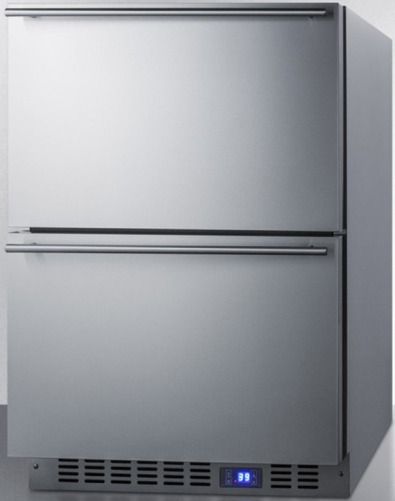 Summit FF642D Two-drawer Refrigerator for Built-in or Freestanding Use in Complete Stainless Steel, 3.4 cu.ft. Capacity, Two stainless steel drawers, Digital thermostat, Frost-free operation, Stainless steel kickplate, Open drawer alarm, Temperature alarm, LED lighting, Sabbath Mode, Drawer dividers, Sliding basket, Professional handles, Internal fan, Sealed back, Right angle plug (FF-642D FF 642D FF642)