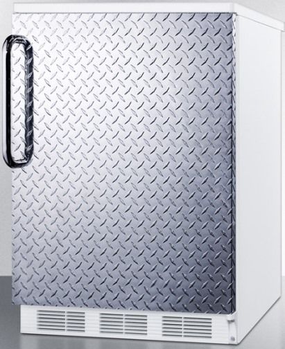Summit FF67DPLADA ADA Compliant  Commercially Listed All-Refrigerator for General Purpose Use with Auto Defrost, Diamond Plate Wrapped Door and Professional Towel Bar Handle, White Cabinet, Full 5.5 cu.ft. capacity inside a convenient 24
