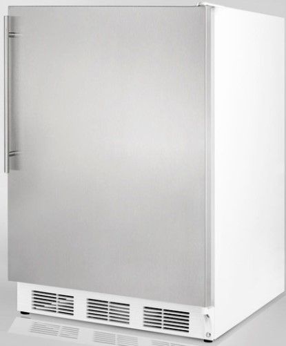 Summit FF67SSHVADA ADA Compliant Commercially Approved Freestanding All-refrigerator with Stainless Steel Door and Professional Vertical Handle, White Cabinet, Less than 24 inches wide with a full 5.5 c.f. capacity, RHD Right Hand Door Swing, Automatic defrost, Hidden evaporator, One piece interior liner, Adjustable glass shelves (FF-67SSHVADA FF 67SSHVADA FF67SSHV FF67SS FF67 FF6)