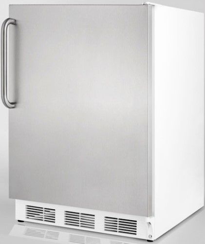 Summit FF67SSTBADA ADA Compliant Commercially Approved Freestanding All-refrigerator with Stainless Steel Door and Professional Towel Bar Handle, White Cabinet, Less than 24 inches wide with a full 5.5 c.f. capacity, RHD Right Hand Door Swing, Automatic defrost, Hidden evaporator, One piece interior liner, Adjustable glass shelves (FF-67SSTBADA FF 67SSTBADA FF67SSTB FF67SS FF67 FF6)