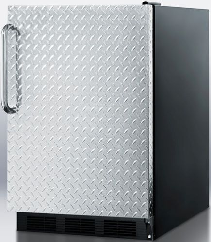 Summit FF6B7DPL Commercially Approved All-refrigerator with Black Cabinet and Diamond Plate Door, Less than 24 inches wide with a full 5.5 cu.ft. capacity, Professional towel bar handle, Automatic defrost, Adjustable thermostat, Hidden evaporator, One piece interior liner, Adjustable glass shelves, Fruit and vegetable crisper, Door storage (FF-6B7DPL FF 6B7DPL FF6B7 FF6B FF6)