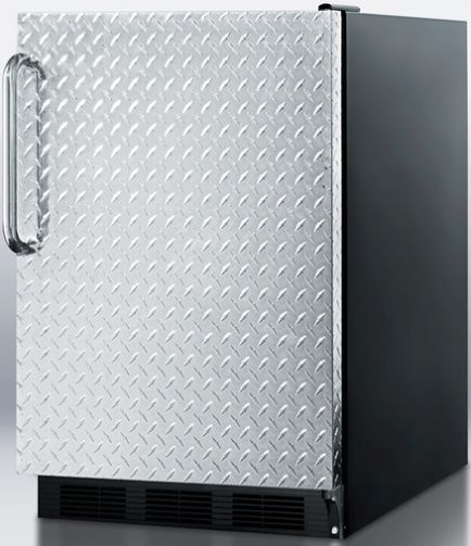 Summit FF6BDPL Freestanding Refrigerator with Auto Defrost, Diamond Plate Wrapped Door and Towel Bar Handle, Black Cabinet, 5.5 cu.ft. capacity, Less than 24 inches wide to fit tight spaces, Adjustable glass shelves, Hidden evaporator, One piece interior liner, Door storage, Fruit and vegetable crisper, Interior light, Adjustable thermostat (FF-6BDPL FF 6BDPL FF6B FF6 BDPL)