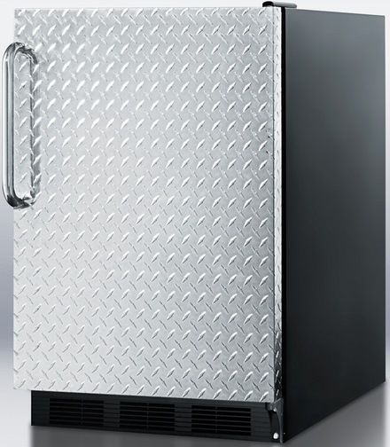 Summit FF6BDPLADA ADA Compliant Freestanding Counter Height All-refrigerator with Diamond Plate Wrapped Door, Black Cabinet, Less than 24 inches wide with a full 5.5 c.f. capacity, Reversible door, RHD Right Hand Door Swing, Professional handle, Automatic defrost, Hidden evaporator, One piece interior liner, Adjustable glass shelves (FF-6BDPLADA FF 6BDPLADA FF6BDPL FF6B FF6)