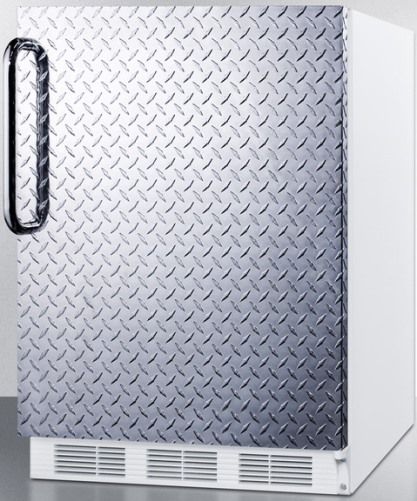 Summit FF6DPLADA ADA Compliant Freestanding All-refrigerator for General Purpose Use with Auto Defrost, Diamond Plate Door and Professional Towel Bar Handle, White Cabinet, 5.5 cu.ft. capacity, RHD Right Hand Door Swing, Hidden evaporator, One piece interior liner, Adjustable shelves, Fruit and vegetable crisper, Door storage (FF-6DPLADA FF 6DPLADA FF6DPL FF6)