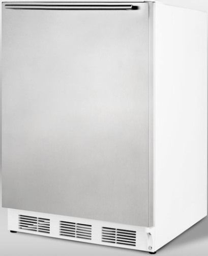 Summit FF6SSHHADA ADA Compliant Freestanding All-refrigerator with Stainless Steel Door and Professional Horizontal Handle, White Cabinet, Less than 24 inches wide with a full 5.5 c.f. capacity, Reversible door, RHD Right Hand Door Swing, Professional handle, Automatic defrost, Hidden evaporator, One piece interior liner, UPC 761101010144 (FF-6SSHHADA FF 6SSHHADA FF6SSHH FF6SS FF6)