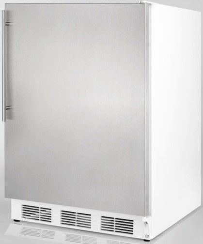 Summit FF6SSHVADA ADA Compliant Freestanding All-refrigerator with Stainless Steel Door and Professional Thin Vertical Handle, White Cabinet, Less than 24 inches wide with a full 5.5 c.f. capacity, RHD Right Hand Door Swing, Professional handle, Automatic defrost, Hidden evaporator, One piece interior liner, Adjustable glass shelves (FF-6SSHVADA FF 6SSHVADA FF6SSHV FF6SS FF6)