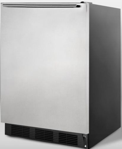 Summit FF7BSSHHADA ADA Compliant Commercially Approved Freestanding All-refrigerator with Stainless Steel Door and Horizontal Handle, Black Cabinet, 5.5 c.f. Capacity, Reversible door, RHD Right Hand Door Swing, Automatic defrost, One piece interior liner, Adjustable glass shelves, Deep shelf space, Adjustable thermostat, Interior light on rocker switch (FF-7BSSHHADA FF 7BSSHHADA FF7BSSHH FF7BSS FF7B FF7)