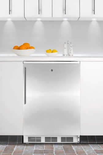 Summit FF7LBISSHV Commercially Approved Built-in Undercounter All-refrigerator with Lock, Stainless Steel Door and Thin Vertical Handle, White Cabinet, Less than 24 inches wide with a full 5.5 c.f. capacity, Professional stainless steel handle, Automatic defrost, Adjustable shelves, Flat door liner, Deep shelf space, Hidden evaporator (FF7-LBISSHV FF7 LBISSHV FF7LBISS FF7LBI FF7L)