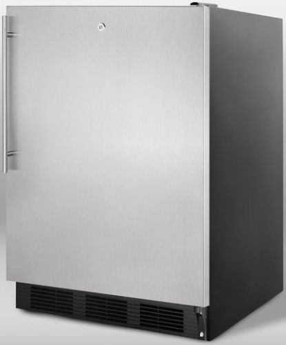 Summit FF7LBLSSHVADA ADA Compliant Commercially Approved Freestanding All-refrigerator with Factory Installed Lock, Stainless Steel Door, and Professional Thin Vertical Handle, Black Cabinet, Less than 24 inches wide with a full 5.5 c.f. capacity, RHD Right Hand Door Swing, Automatic defrost, Adjustable glass shelves, Flat door liner (FF-7LBLSSHVADA FF 7LBLSSHVADA FF7LBLSSHV FF7LBLSS FF7LBL FF7L FF7)